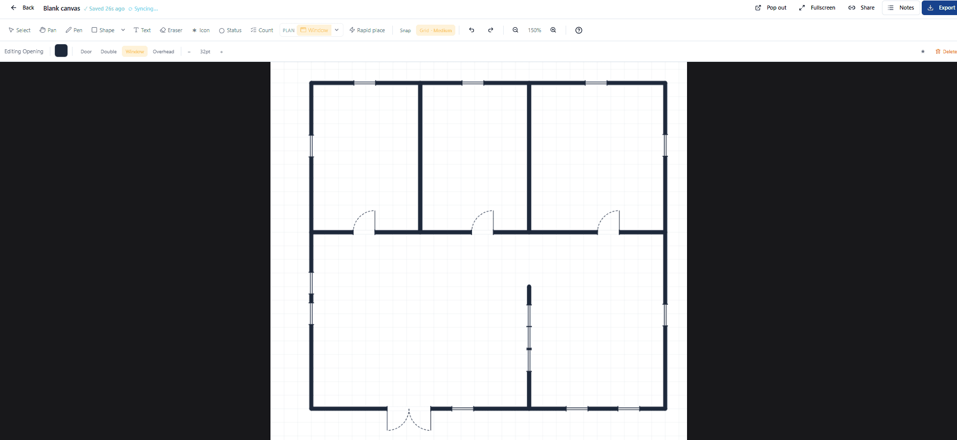 Blank canvas in the editor with walls drawn, doors and windows cut into the walls, and the Editing Opening subbar showing Door, Double, Window, and Overhead choices