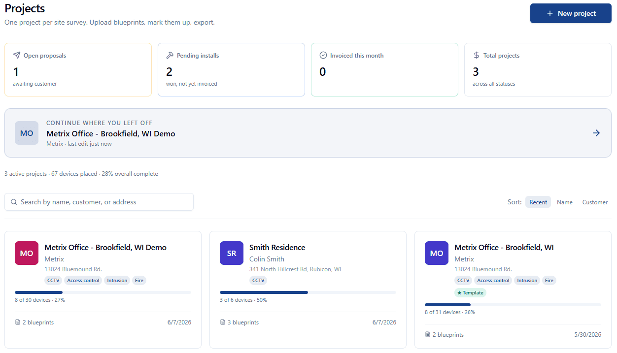 Projects dashboard showing KPIs (open proposals, pending installs, invoiced this month), continue-where-you-left-off card, and project tiles with progress chips