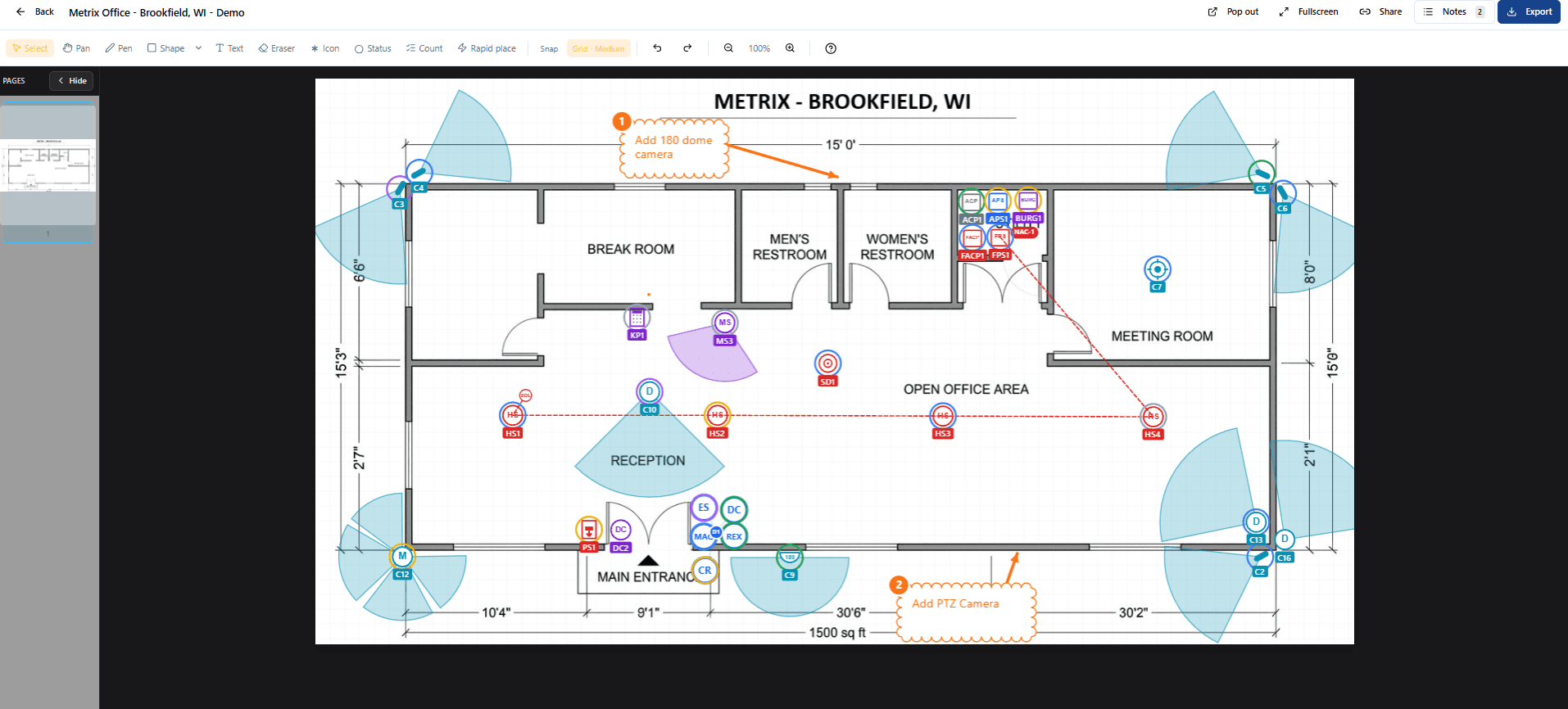 FieldMarkup editor with a commercial floor plan marked up with cameras, FOV cones, access control devices, a fire alarm cluster with NAC loop, and orange callouts