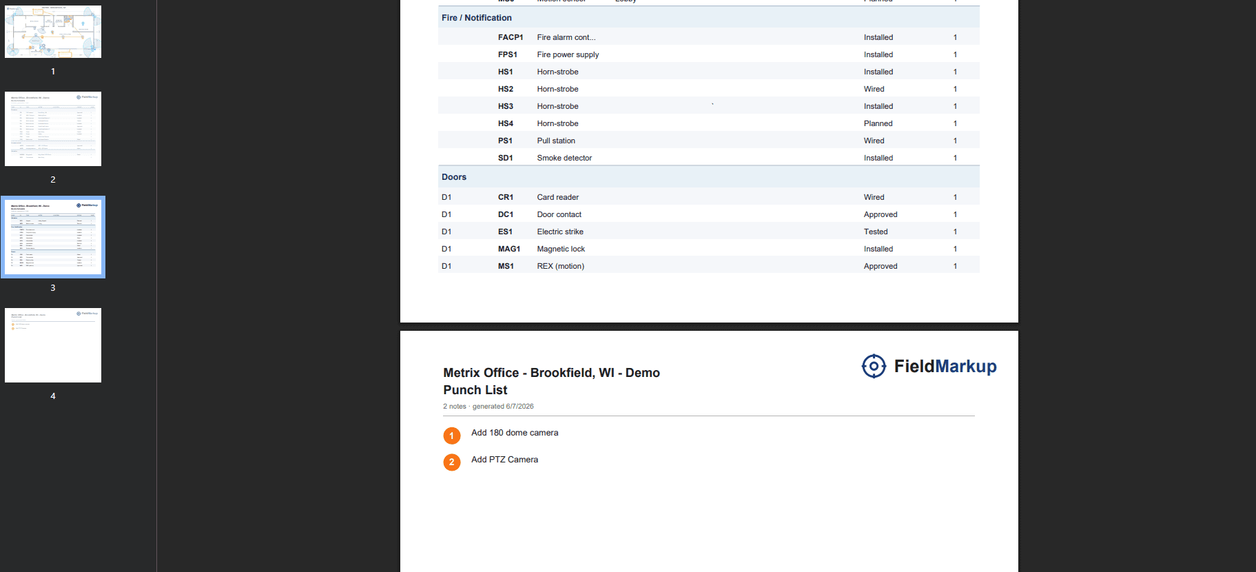 Device Schedule continuation showing Fire / Notification and Doors sections, plus the Punch List page with numbered callouts