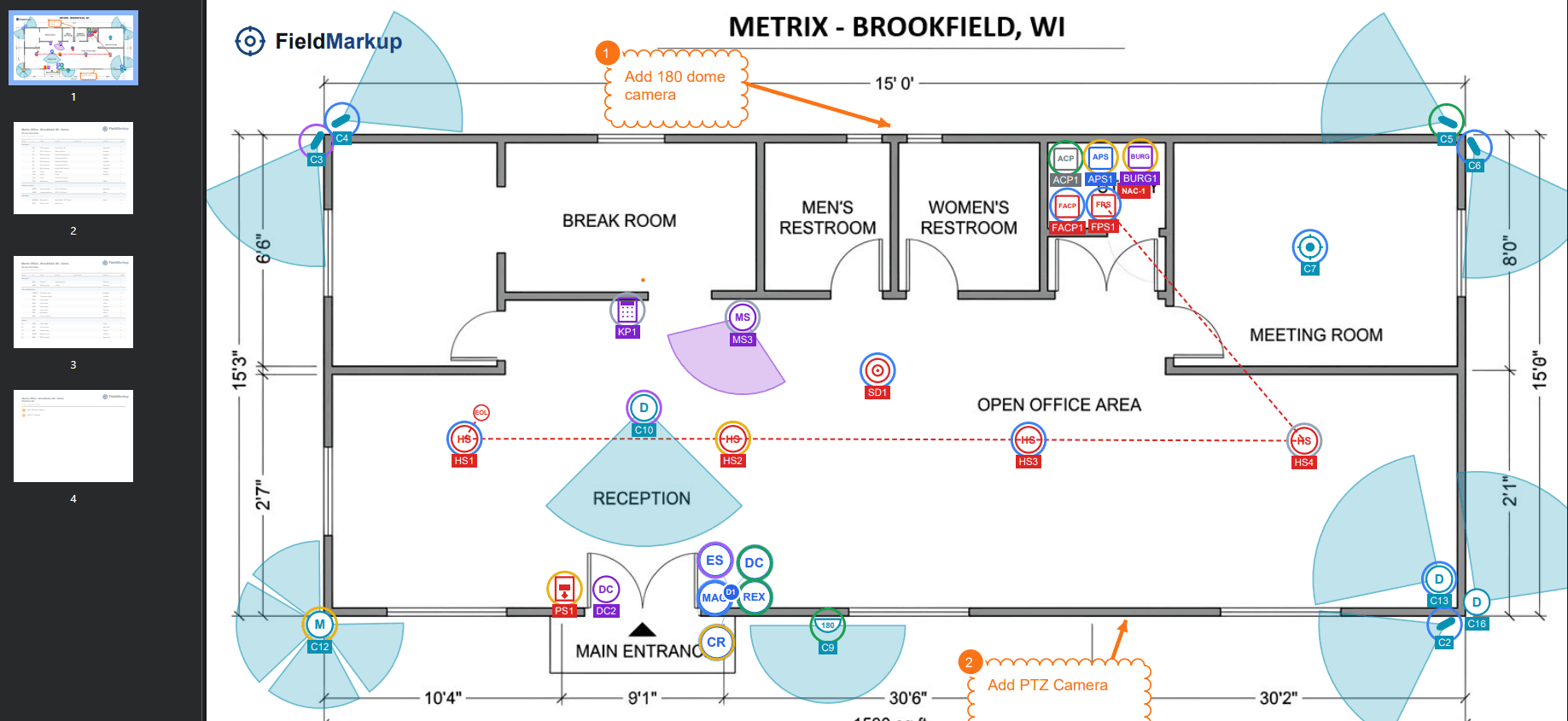 Sample exported PDF cover page showing a marked-up floor plan with cameras, FOV cones, access control devices, fire alarm devices, and orange callouts