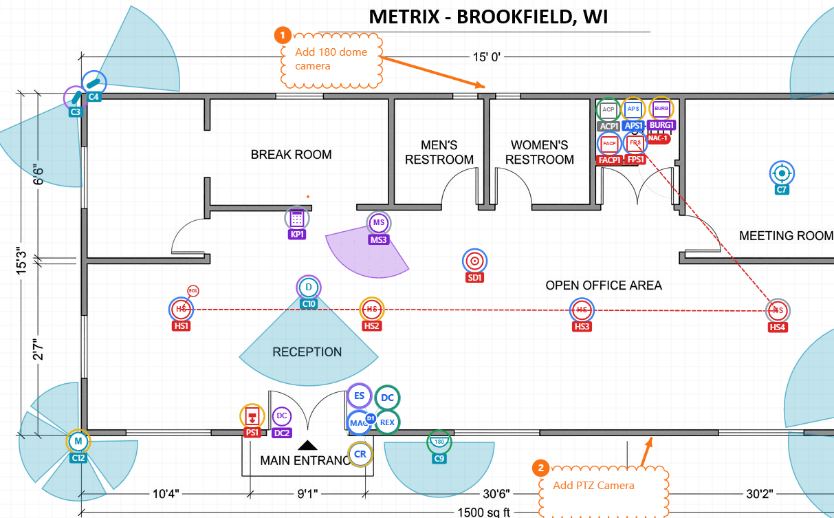 Commercial floor plan marked up in FieldMarkup with cameras, access readers, fire devices, and a NAC loop