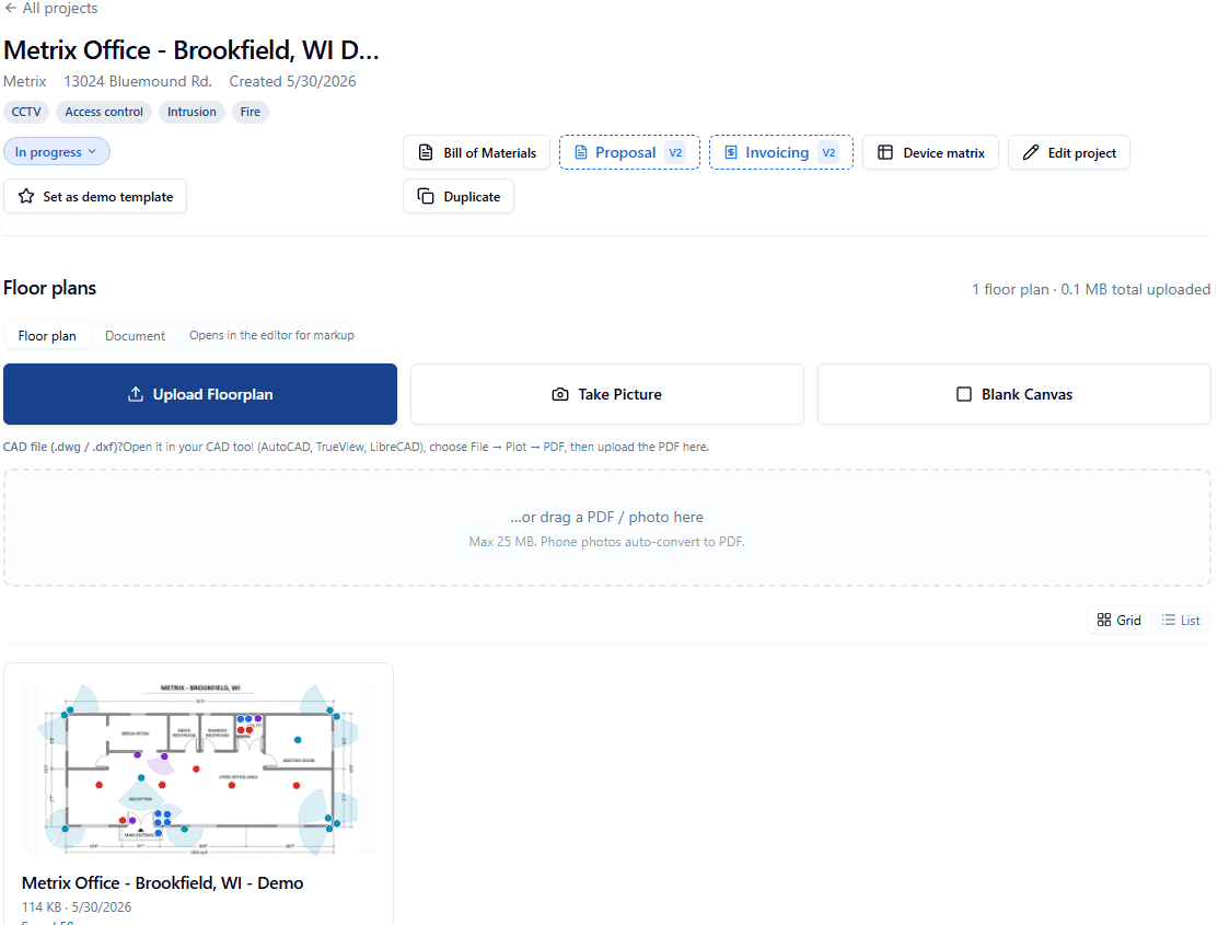 Project detail page showing system tags, sales status, action buttons (Bill of Materials, Device matrix, Duplicate, Set as demo template), and the floor plan card