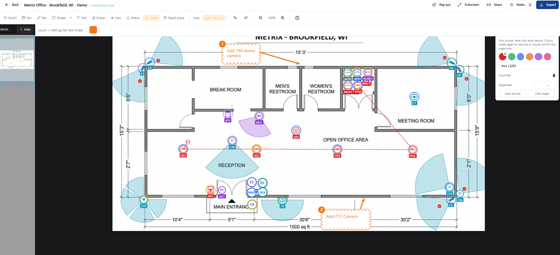 Quick Count tool active in the editor: six color buckets visible, red bucket selected with Axis L3265 label and expected count of 6, with red check marks on counted bullet cameras across the floor plan