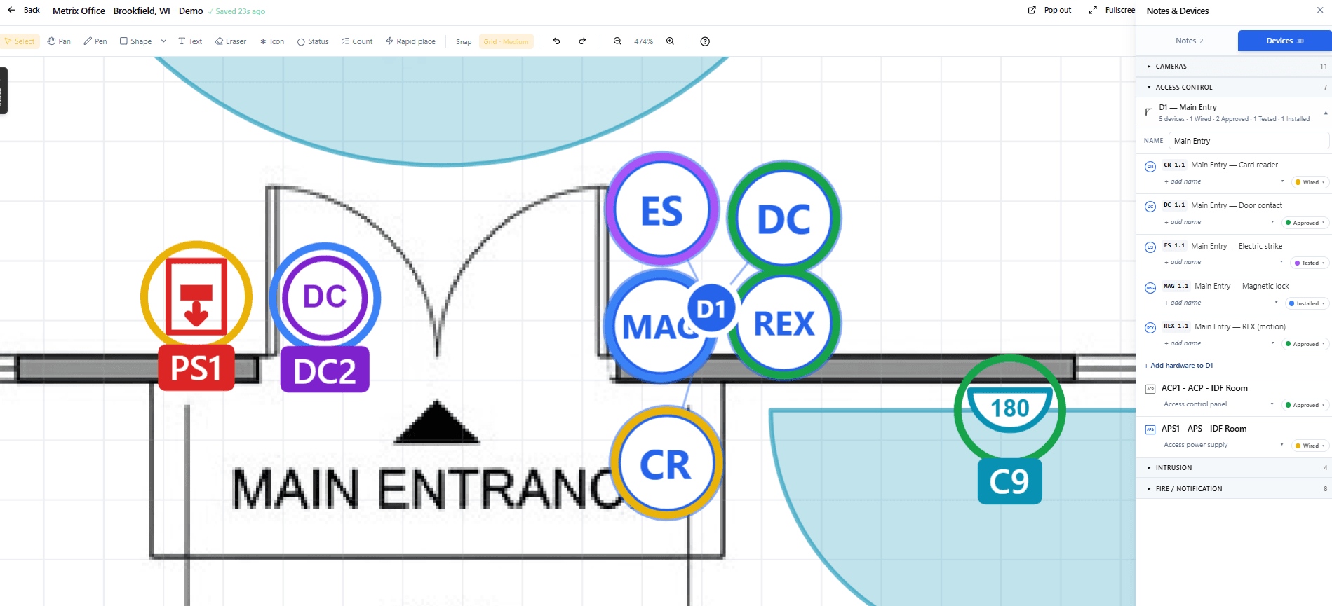 Zoomed editor view of a door group with the Notes & Devices drawer open. Devices CR, DC, ES, MAG, REX each show a colored status ring and the drawer lists each device with its current status (Wired, Approved, Tested, Installed)