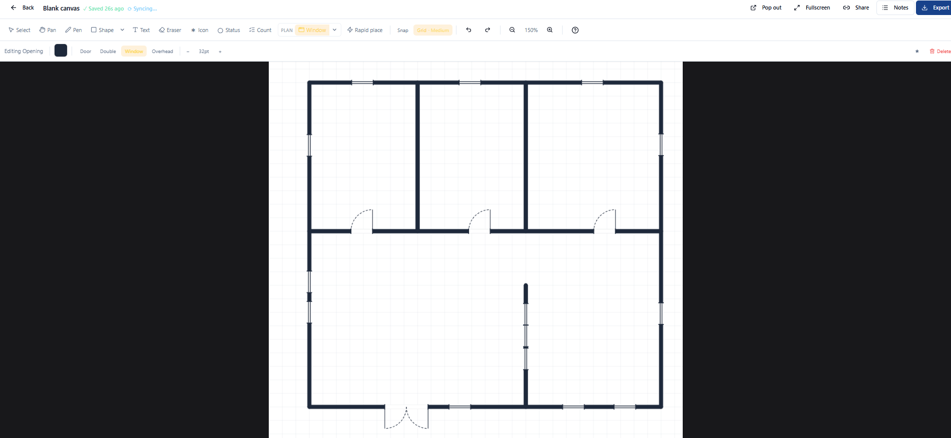 Blank canvas in the editor with walls drawn, doors and windows cut into the walls, and the Editing Opening subbar showing Door, Double, Window, and Overhead choices